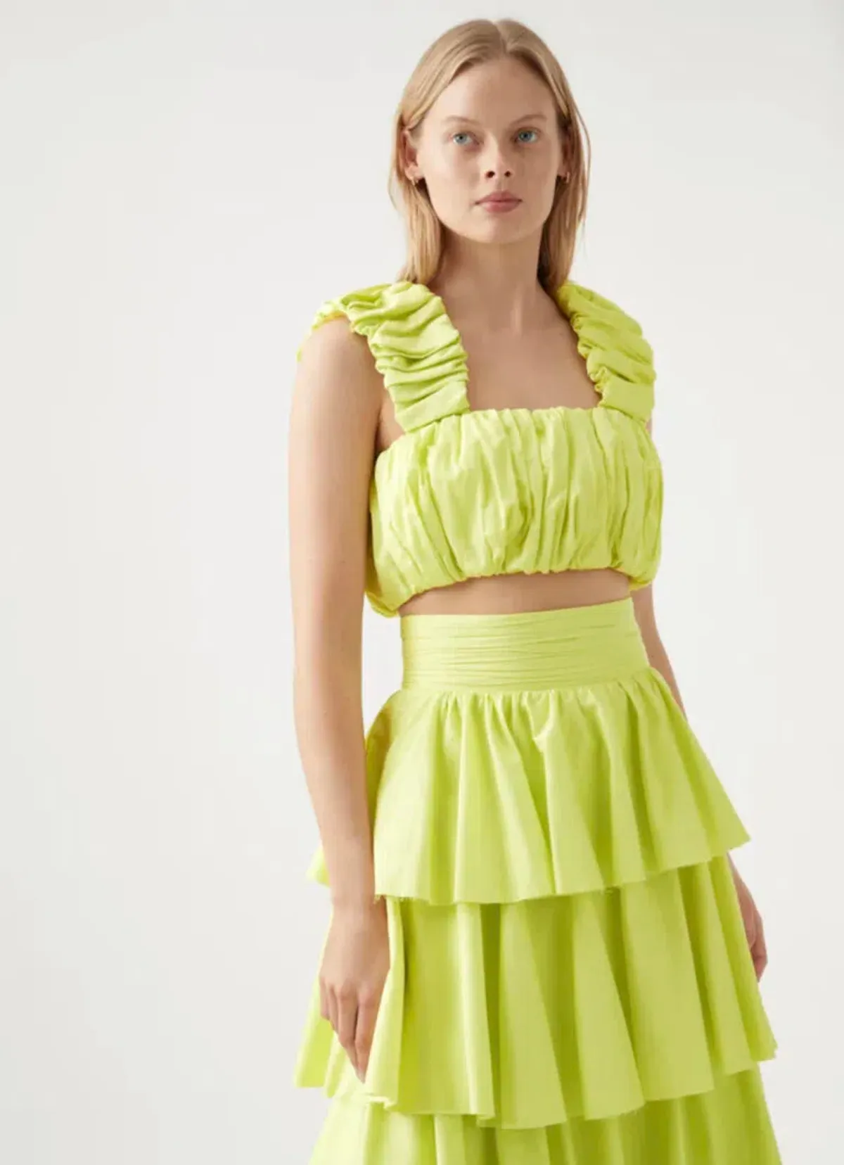 Aje Medina Ruched Top Size AU 12 and Tiered Midi Skirt Size AU 14 Set in Lemon - Image 3