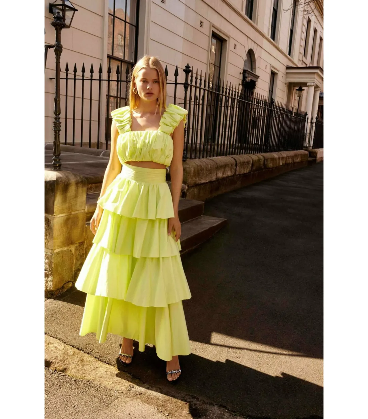 Aje Medina Ruched Top Size AU 12 and Tiered Midi Skirt Size AU 14 Set in Lemon - Image 1