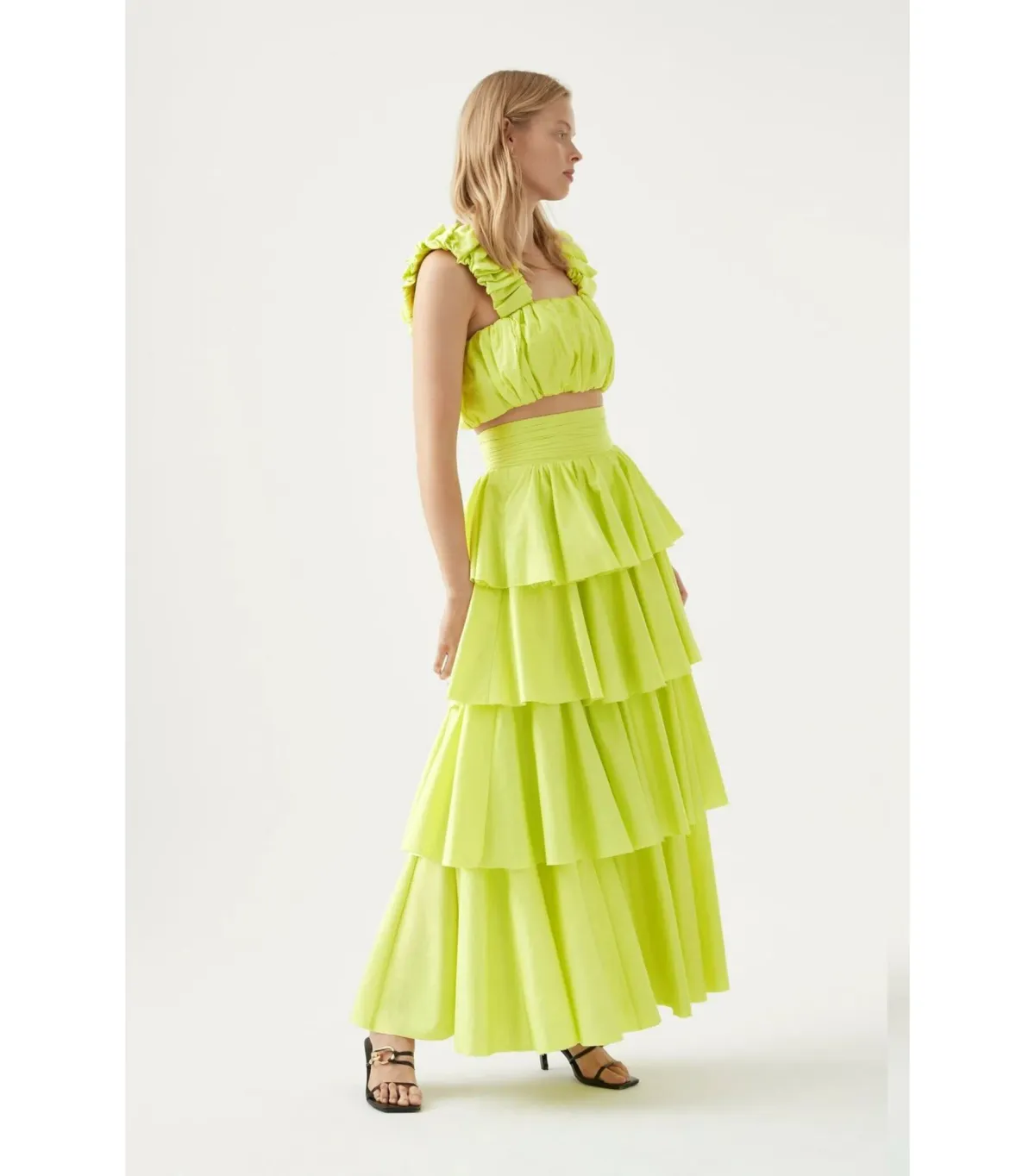 Aje Medina Ruched Top Size AU 12 and Tiered Midi Skirt Size AU 14 Set in Lemon - Image 2