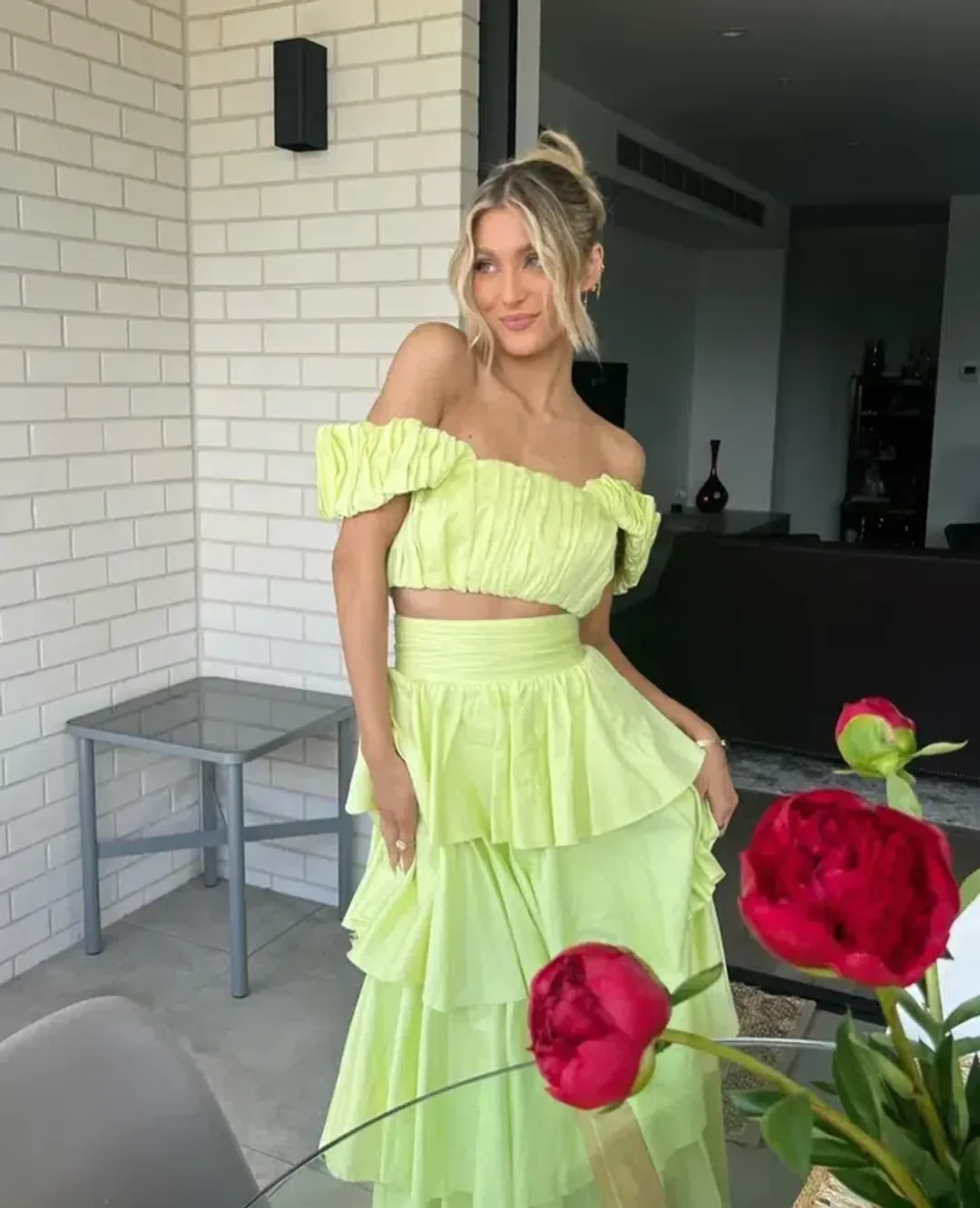 Aje Medina Ruched Top Size AU 12 and Tiered Midi Skirt Size AU 14 Set in Lemon for rent on The Volte - main image