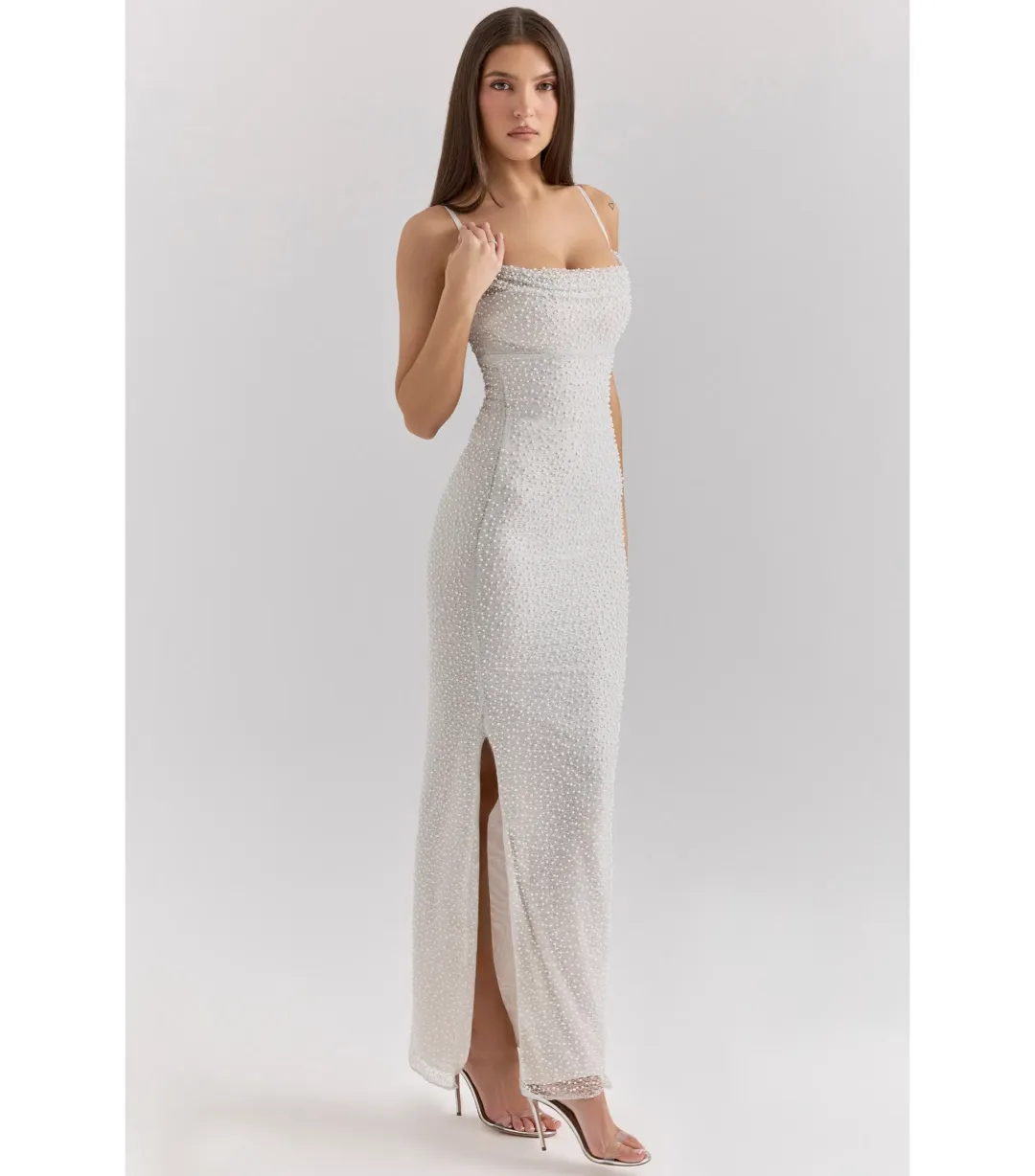 House of CB Calla Embellished Maxi Dress Silver Pearl Size S / AU 8 for rent on The Volte - main image