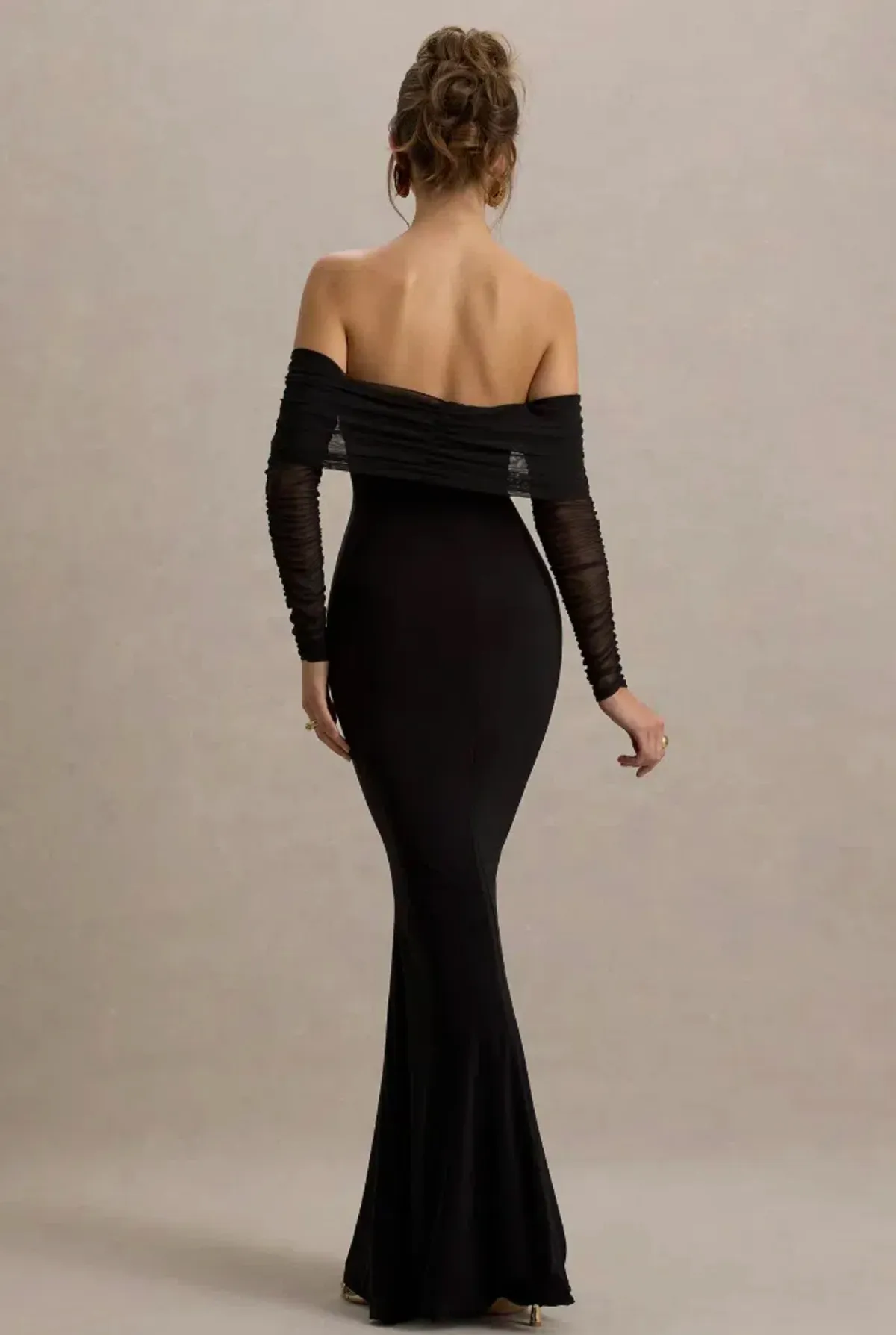 Club L London Madeleine Black Fishtail Maxi Dress With Bardot Mesh Black Size 6 - Image 2