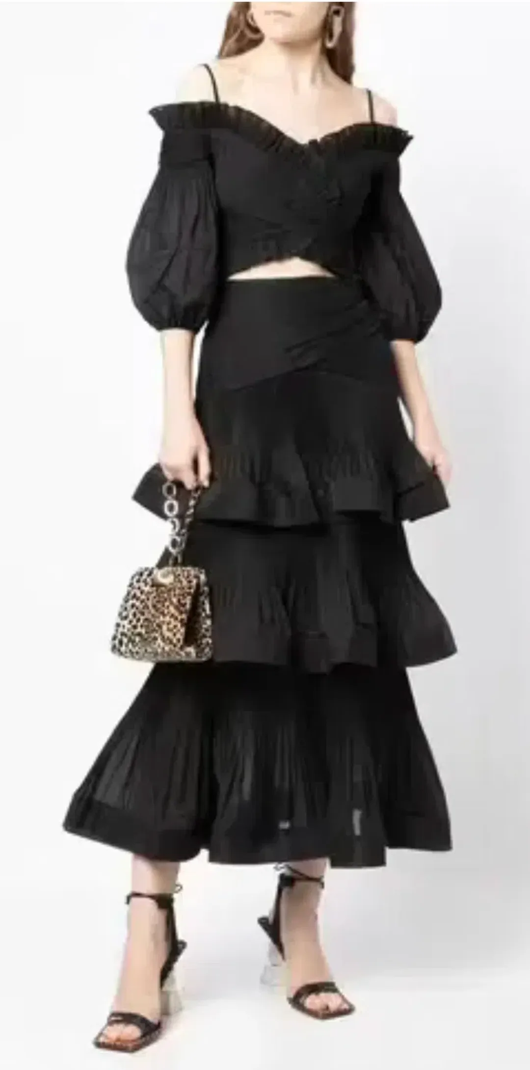 Zimmermann Pleated Off Shoulder Top and Ruffle Skirt Set Black Size AU 10 for rent on The Volte - main image