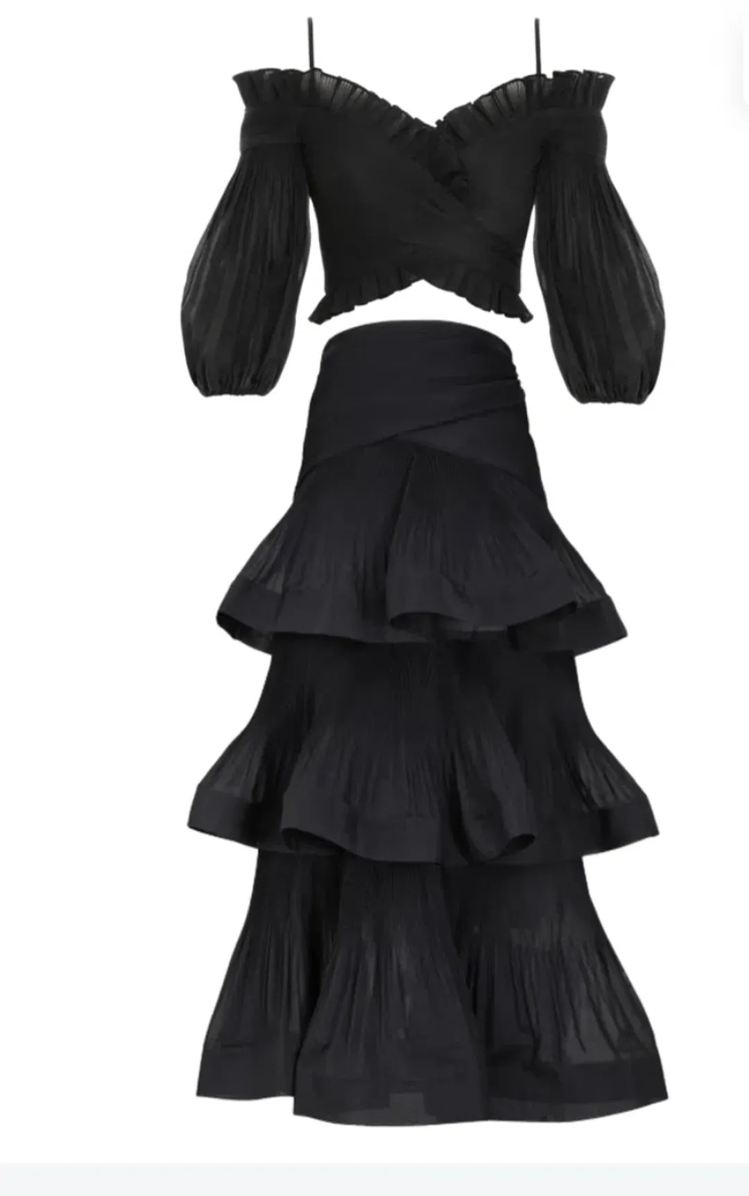 Zimmermann Pleated Off Shoulder Top and Ruffle Skirt Set Black Size AU 10 for rent on The Volte - main image