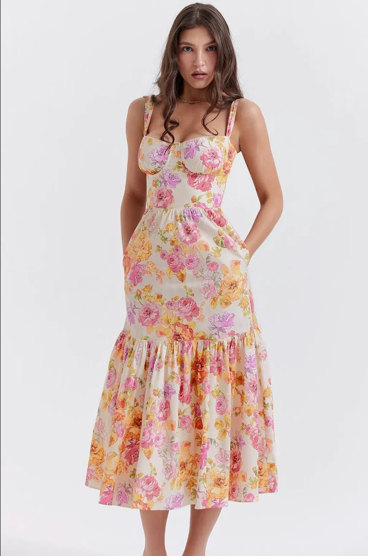 House of CB Elia Ivory Multi Floral Midi Sundress Size 8 - Image 1