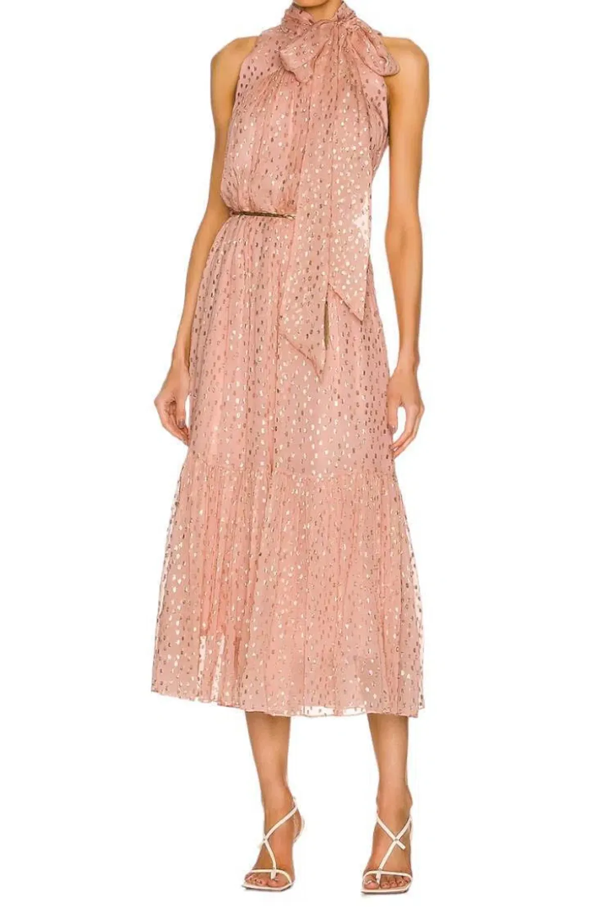 Zimmermann Metallic Dot Tie Neck Midi Dress Blush Size 2 /AU 12 - Image 1