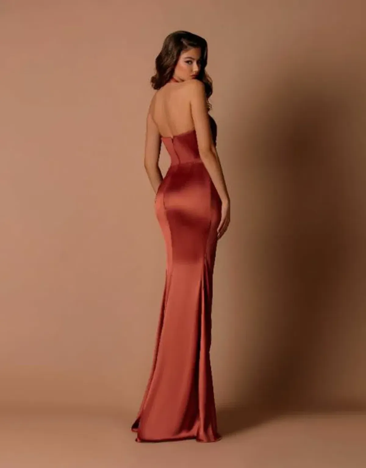 Nicoletta Halter Neck Fitted Satin Bridesmaid Maxi Dress in Bronze Size 6 - Image 2