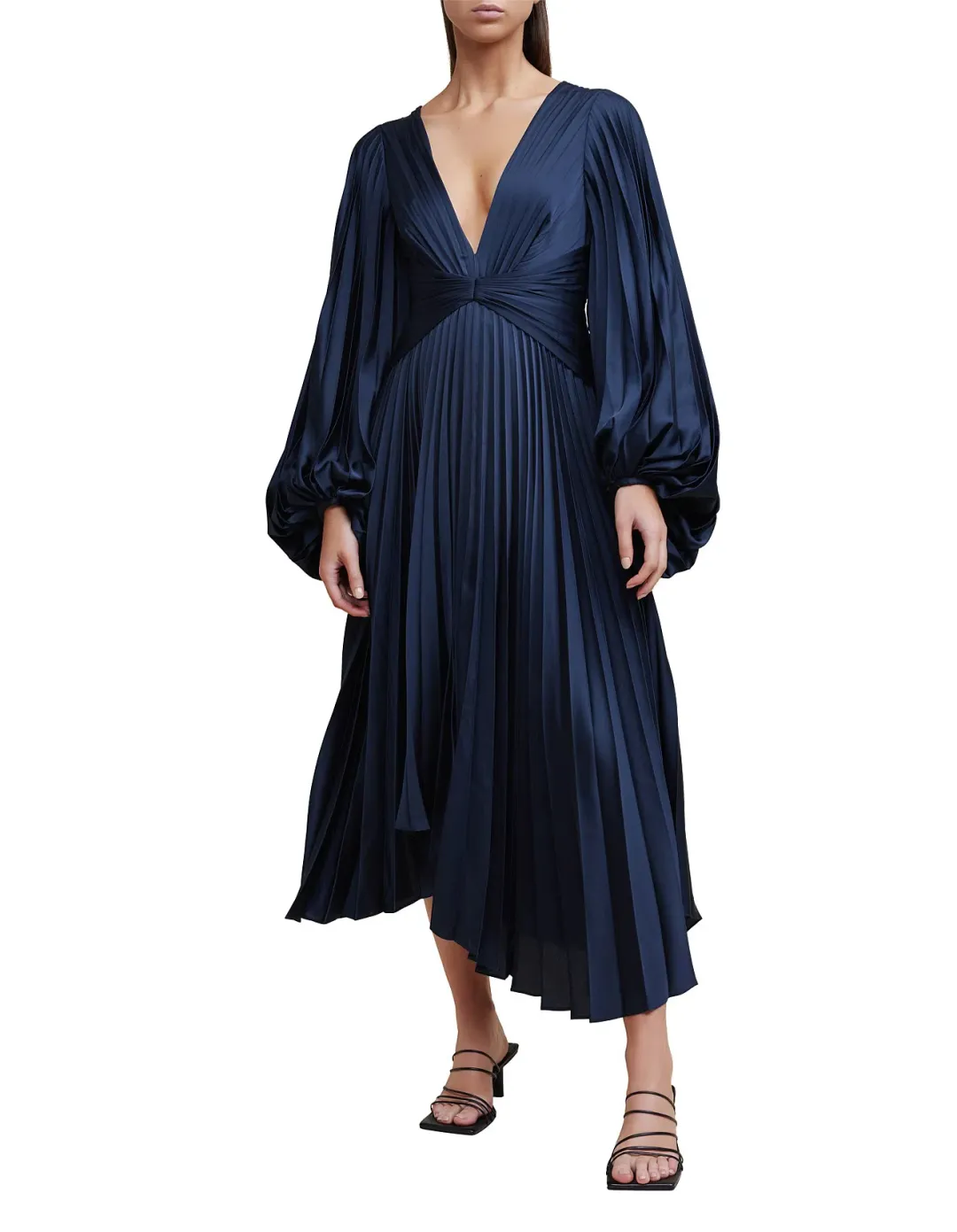 Acler Palms Pleated Midi Dress Navy Blue Size 6  for rent on The Volte - main image