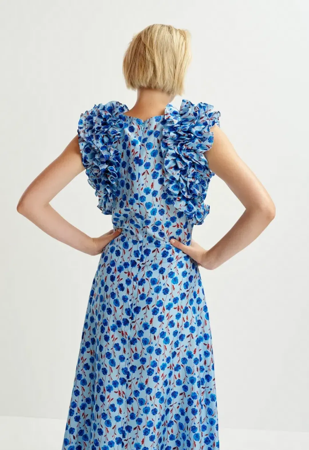 Essentiel Antwerp Essentiel Silk Print Ruffle Midi Dress in Blue Floral Size 10  for rent on The Volte - main image