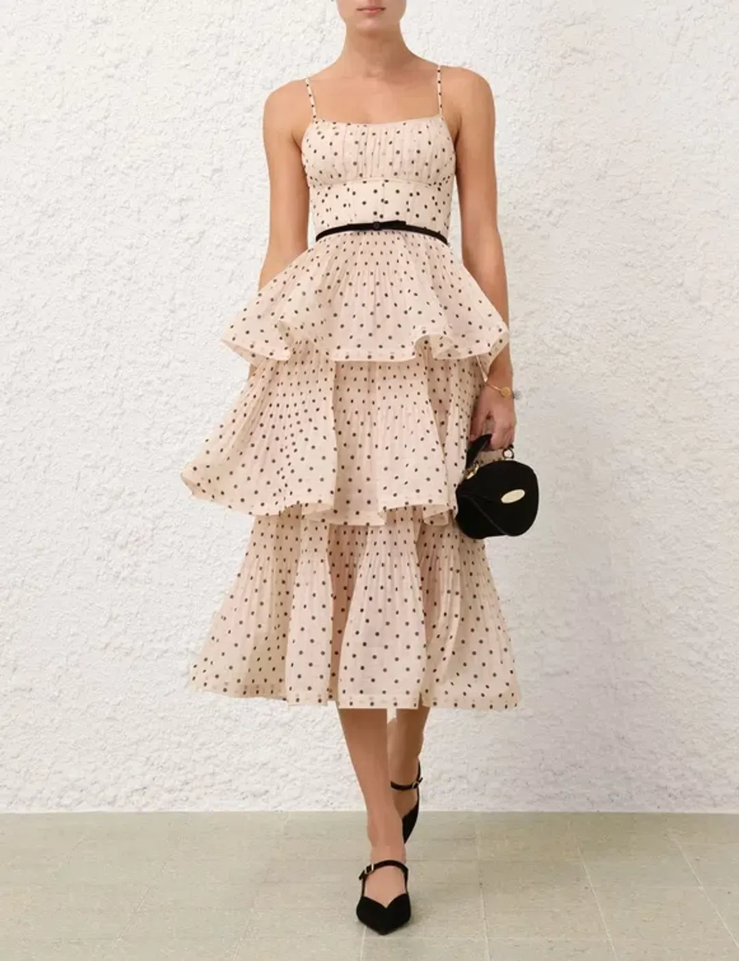 Zimmermann Pleated Tiered Midi Dress in Cream Black Polka Dot Size 1/AU10 for rent on The Volte - main image