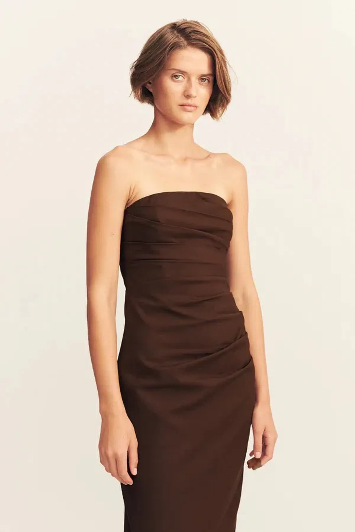 Shona Joy Lani Strapless Draped Maxi Dress Espresso Size AU 14 - Image 5