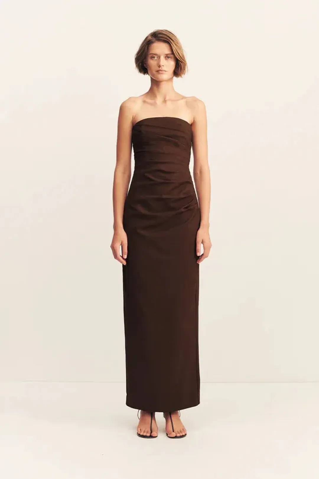 Shona Joy Lani Strapless Draped Maxi Dress Espresso Size AU 14 for rent on The Volte - main image
