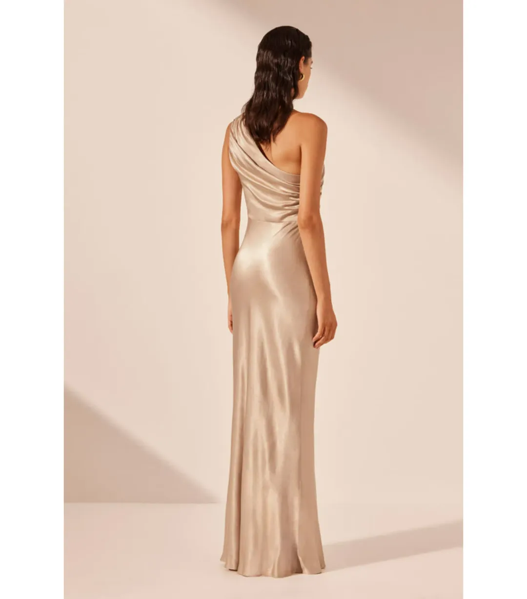 Shona Joy La Lune Gathered One Shoulder Maxi Dress Gold Size AU 16 for rent on The Volte - main image