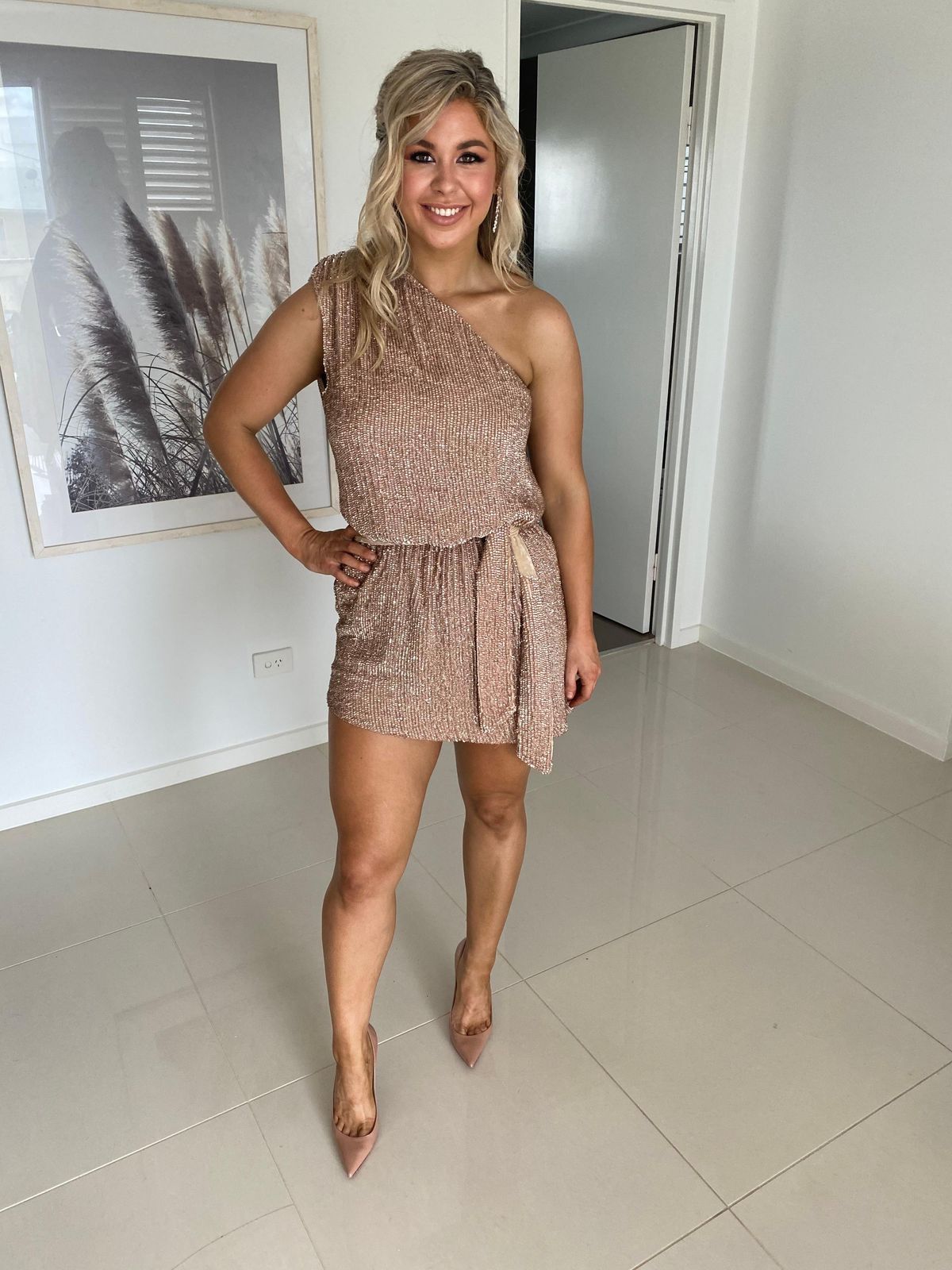 Retrofete Ella One Shoulder Sequin Dress Rose Gold Size 8 - Image 2