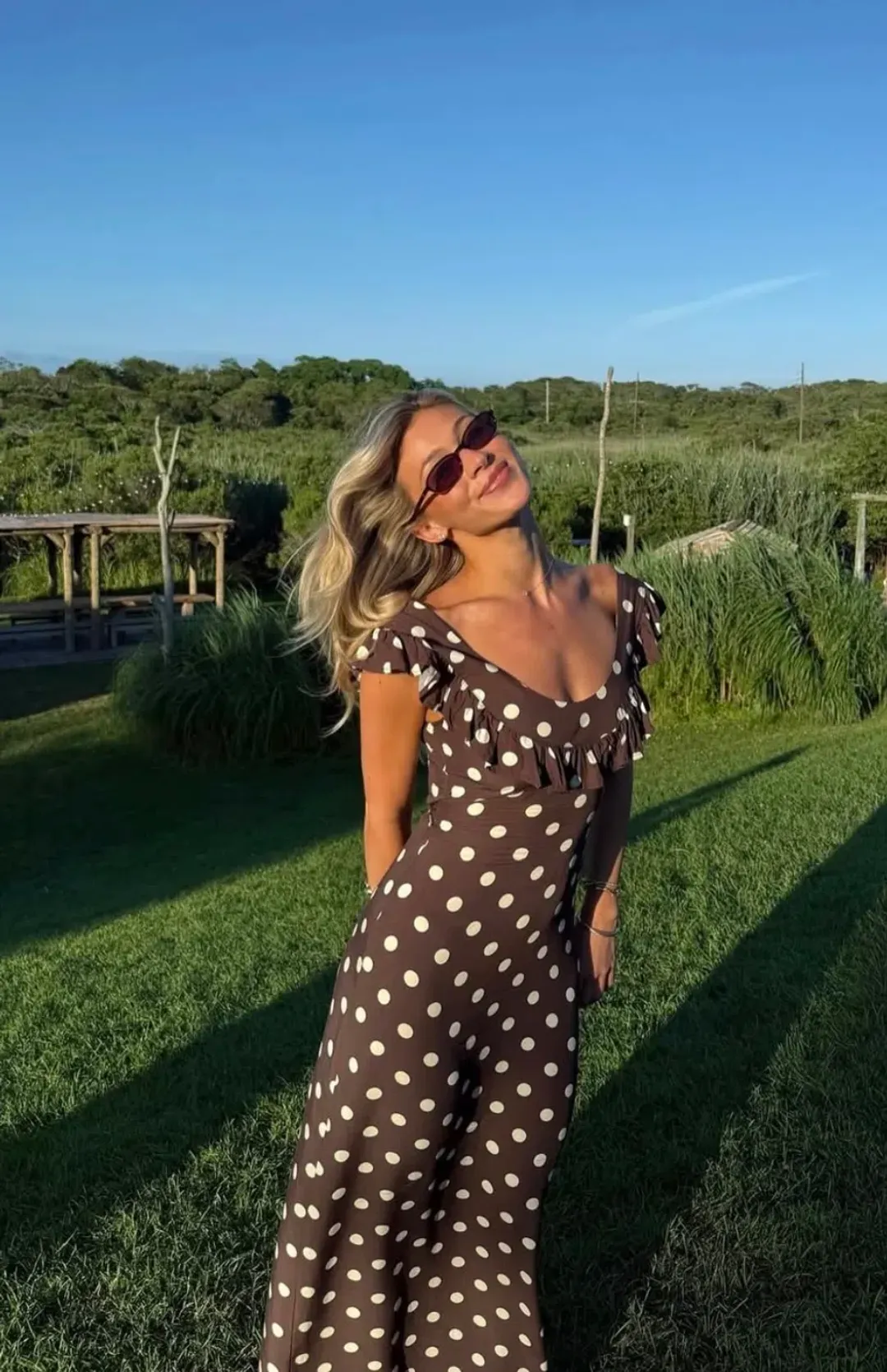 Design By Si Luna Dress Maxi Dress Brown Polka Size 8 for rent on The Volte - main image