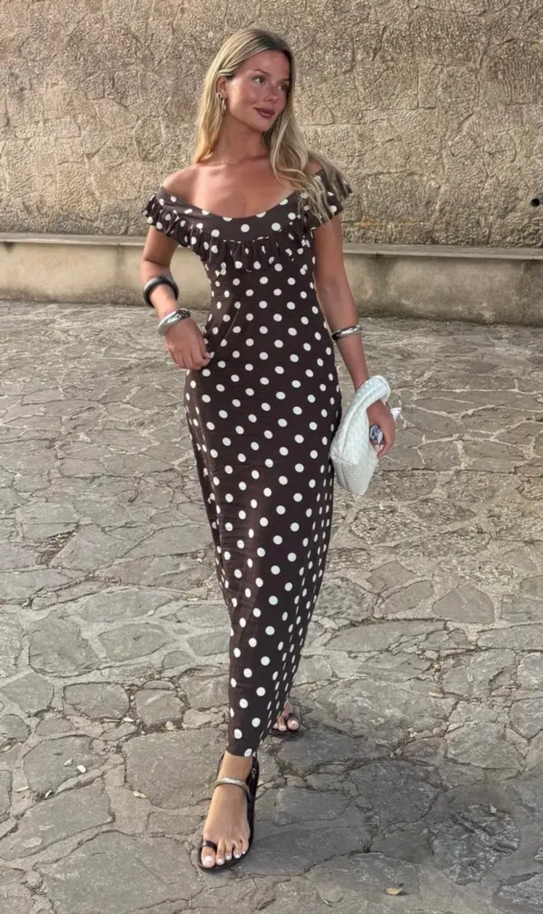 Design By Si Luna Dress Maxi Dress Brown Polka Size 8 for rent on The Volte - main image