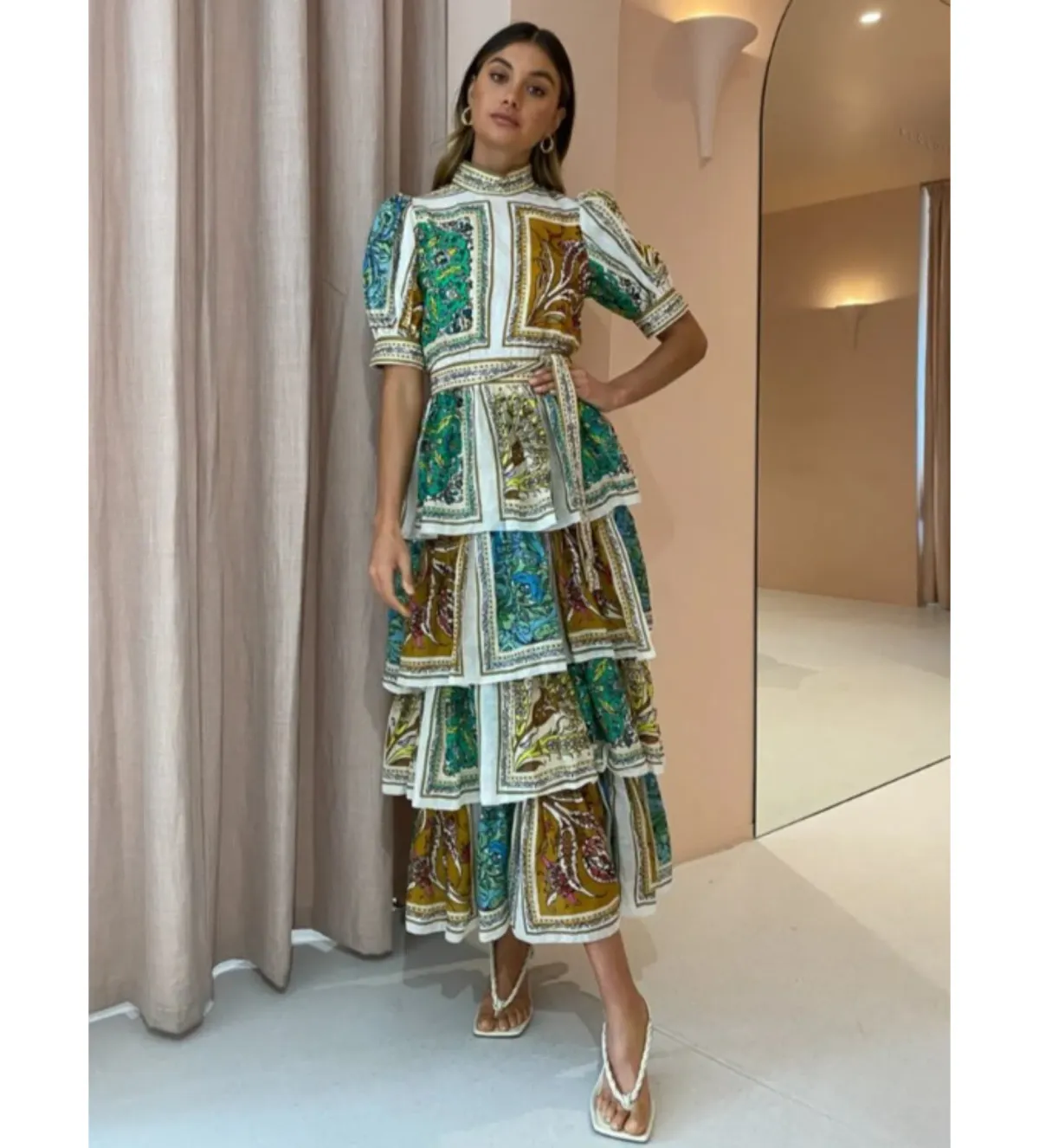 Alemais Delphine Tiered Midi Dress Multi Floral Size AU 10 - Image 1