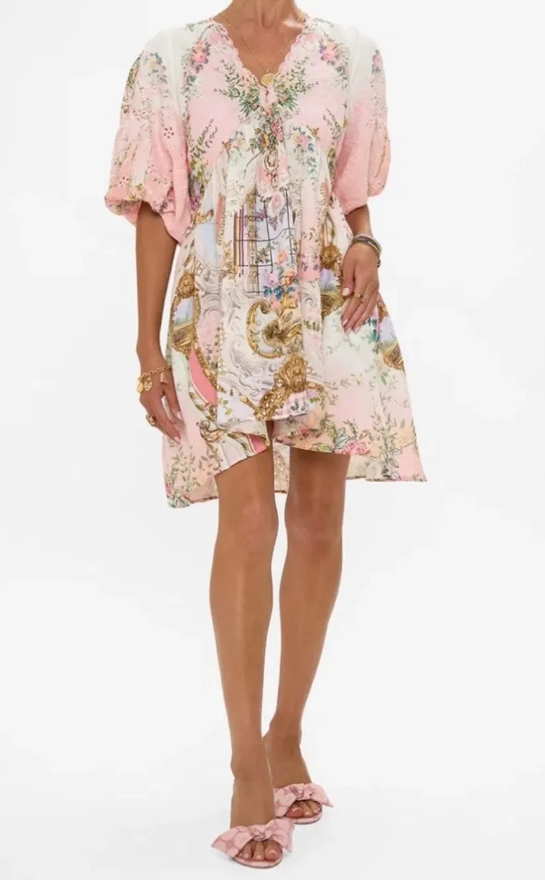 Camilla V Neck Puff Sleeve Short Dress Lisbon Lullaby Size S (10)  for rent on The Volte - main image