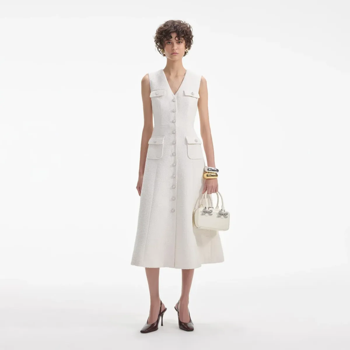 Self-Portrait Cream Tinsel Boucle Buttoned Midi Dress Size 10 - Image 1