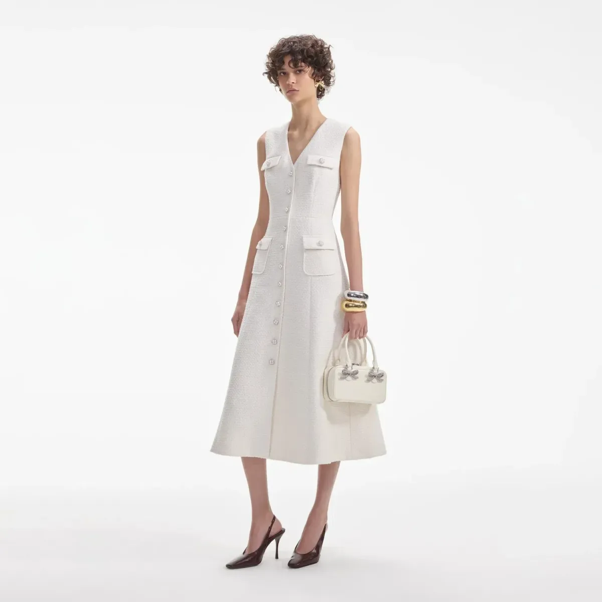 Self-Portrait Cream Tinsel Boucle Buttoned Midi Dress Size 10 - Image 2