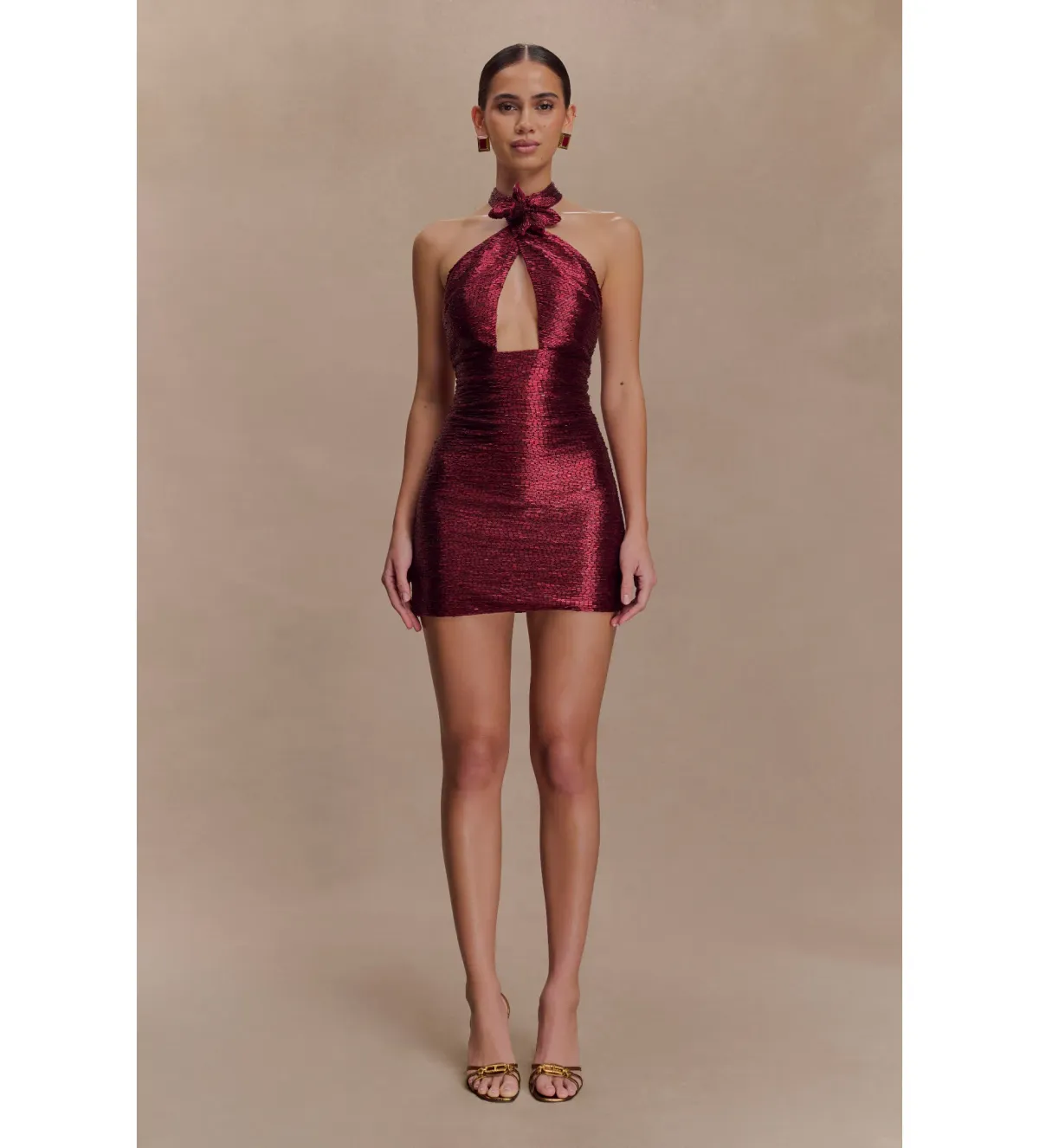 Meshk Nylah Beaded Halter Mini Dress Burgundy Size 6 - Image 1