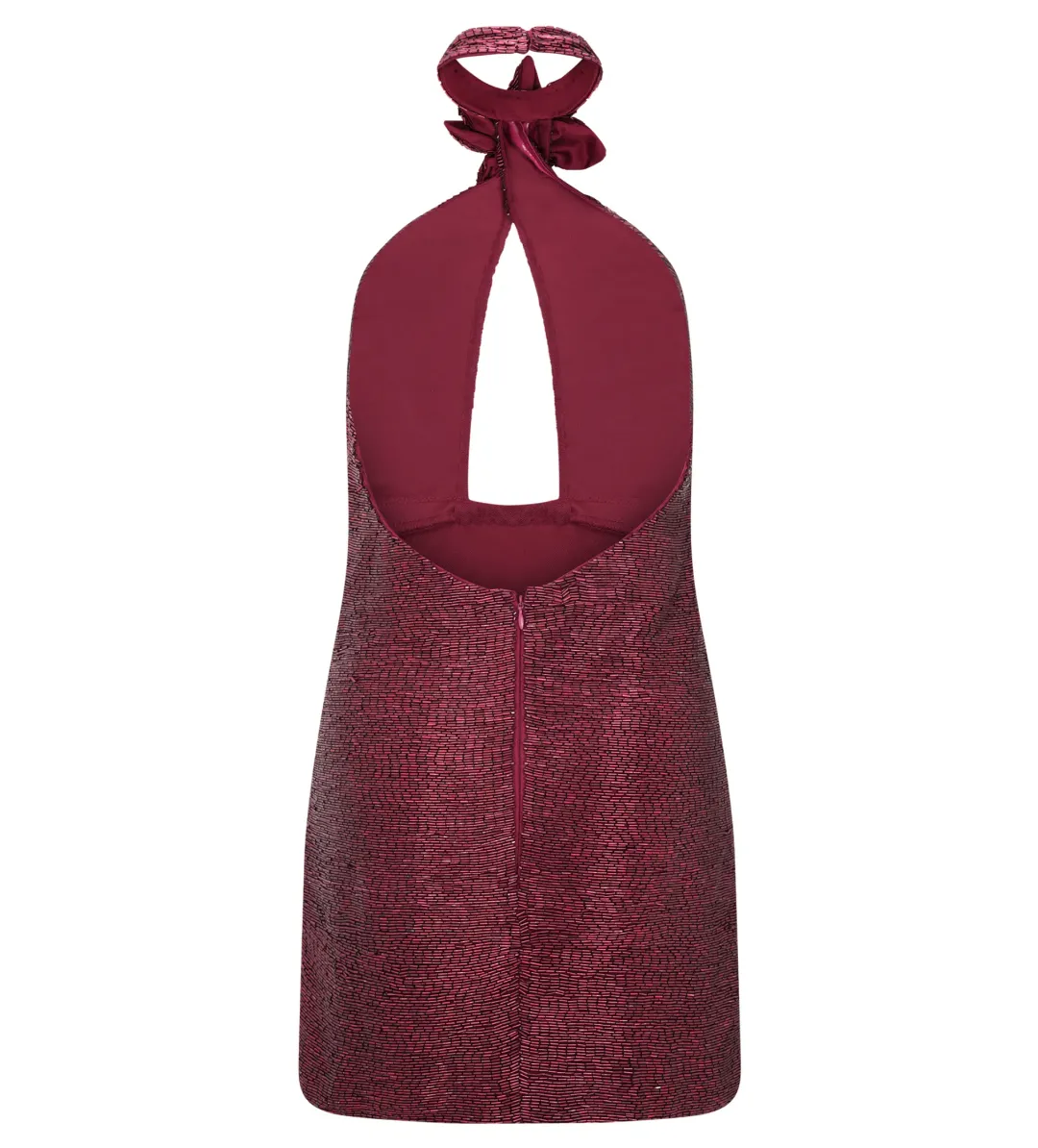 Meshk Nylah Beaded Halter Mini Dress Burgundy Size 6 for rent on The Volte - main image