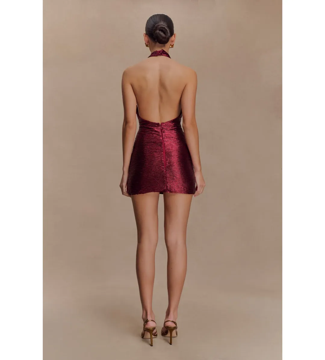 Meshk Nylah Beaded Halter Mini Dress Burgundy Size 6 for rent on The Volte - main image