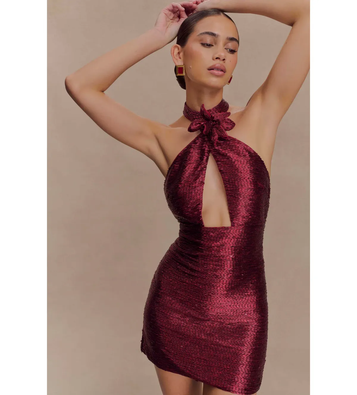 Meshk Nylah Beaded Halter Mini Dress Burgundy Size 6 - Image 3