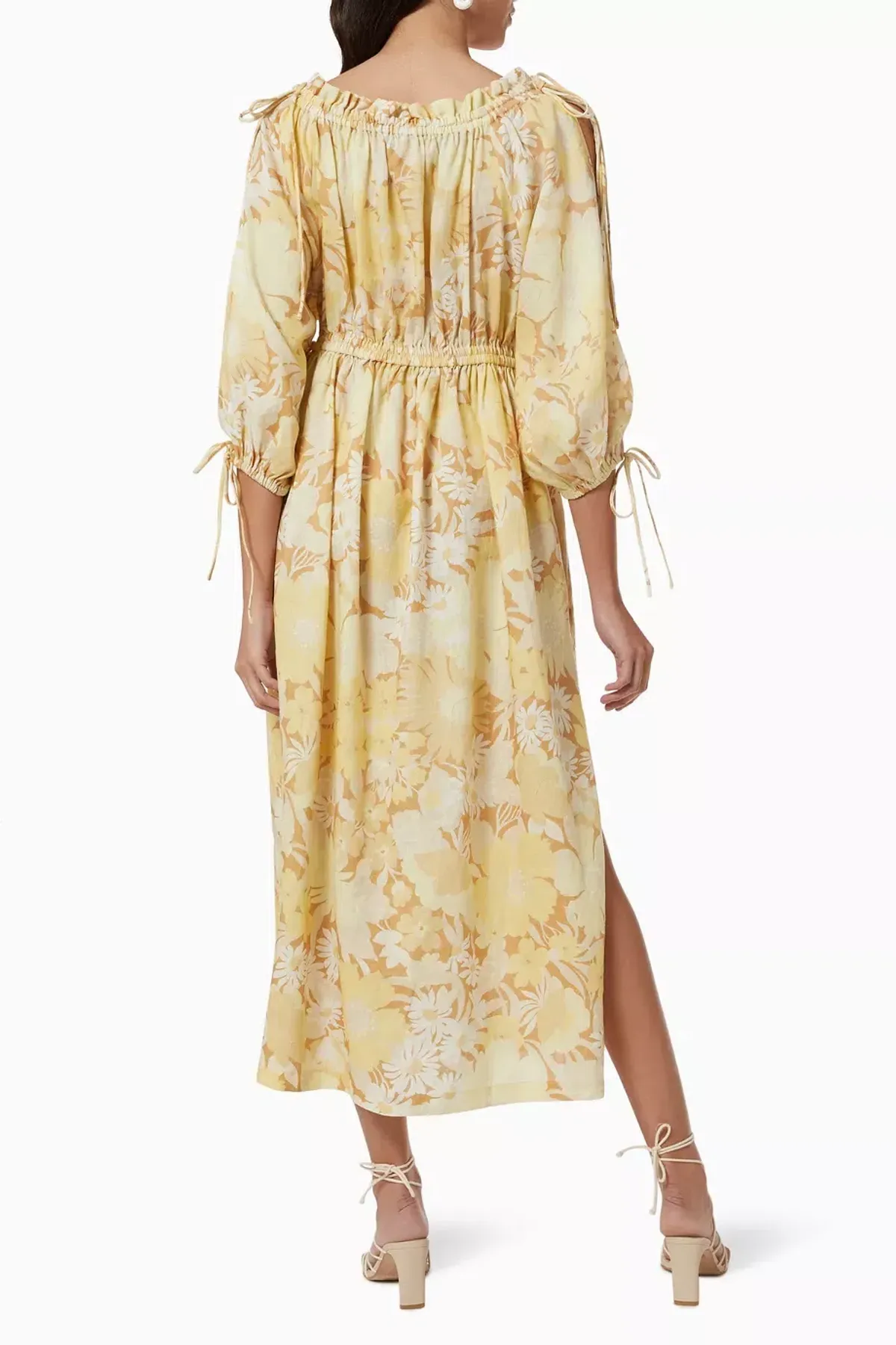 Oroton Garden Floral Midi Linen Dress In Sugarcane Size 6 - Image 3