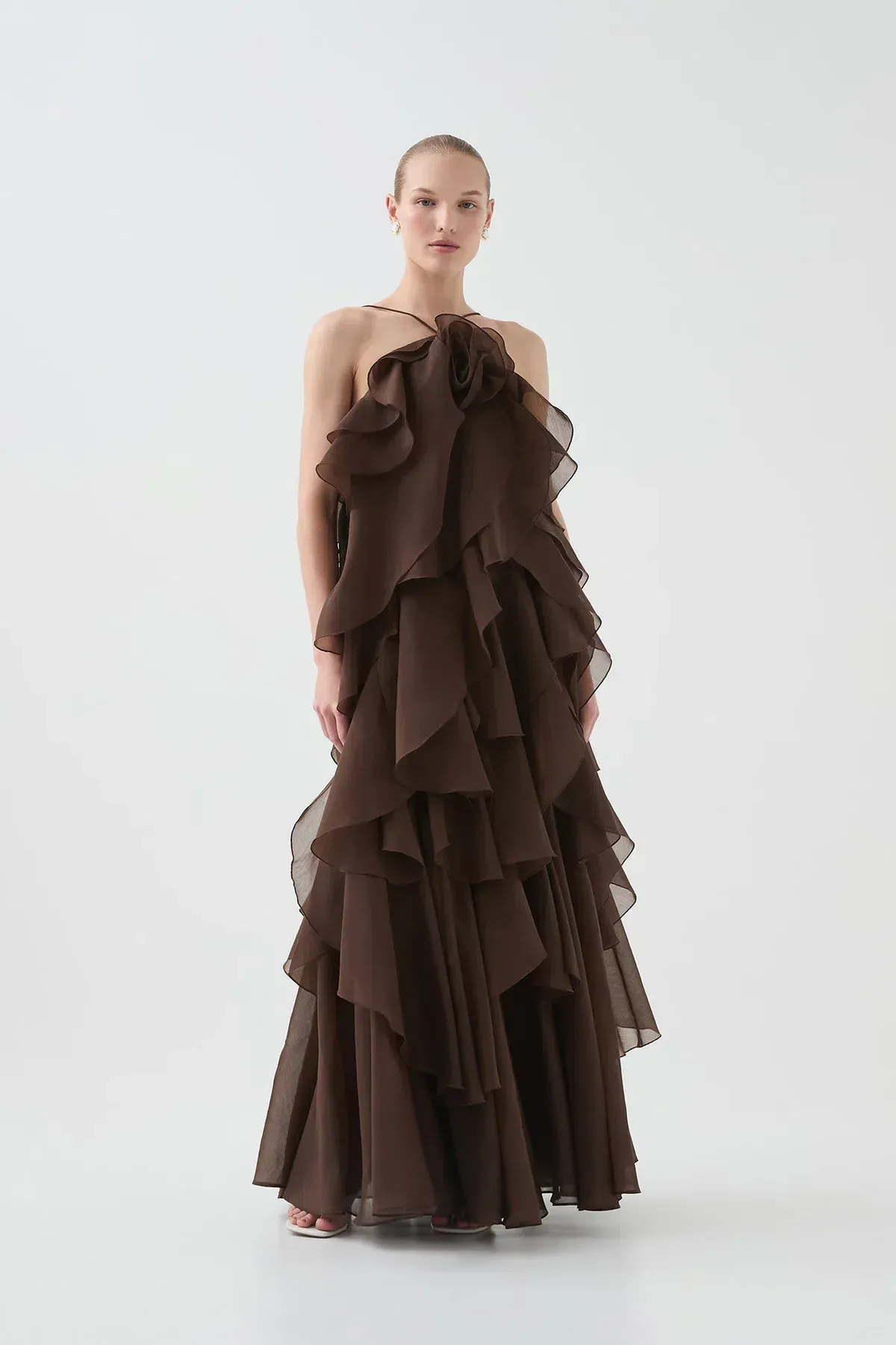 Aje Pandorea Layered Maxi Dress Carob in Brown Size 10 for rent on The Volte - main image