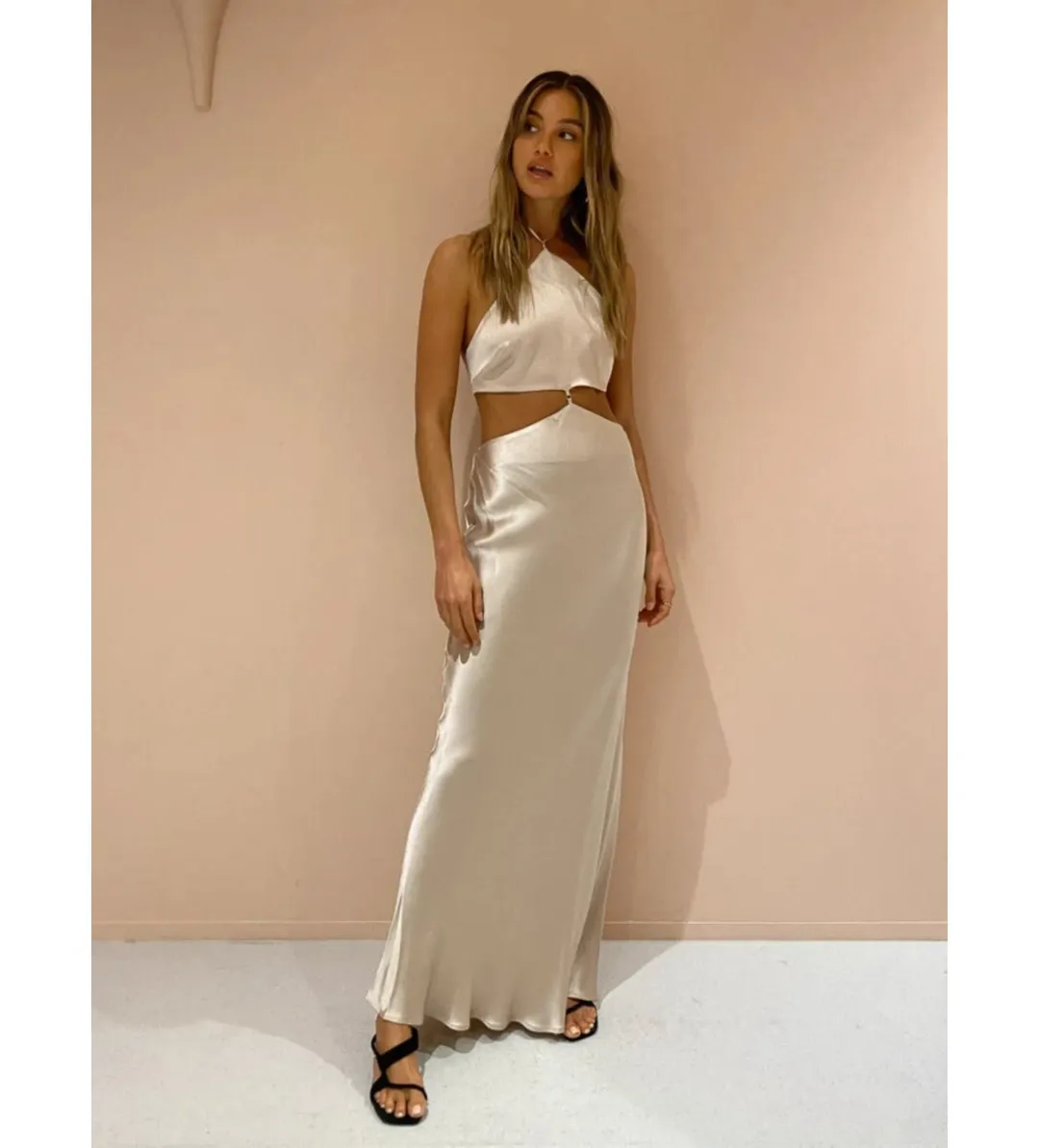 Bec & Bridge Kara Halter Maxi Satin Cut-out Dress in Sand Size AU10 for rent on The Volte - main image
