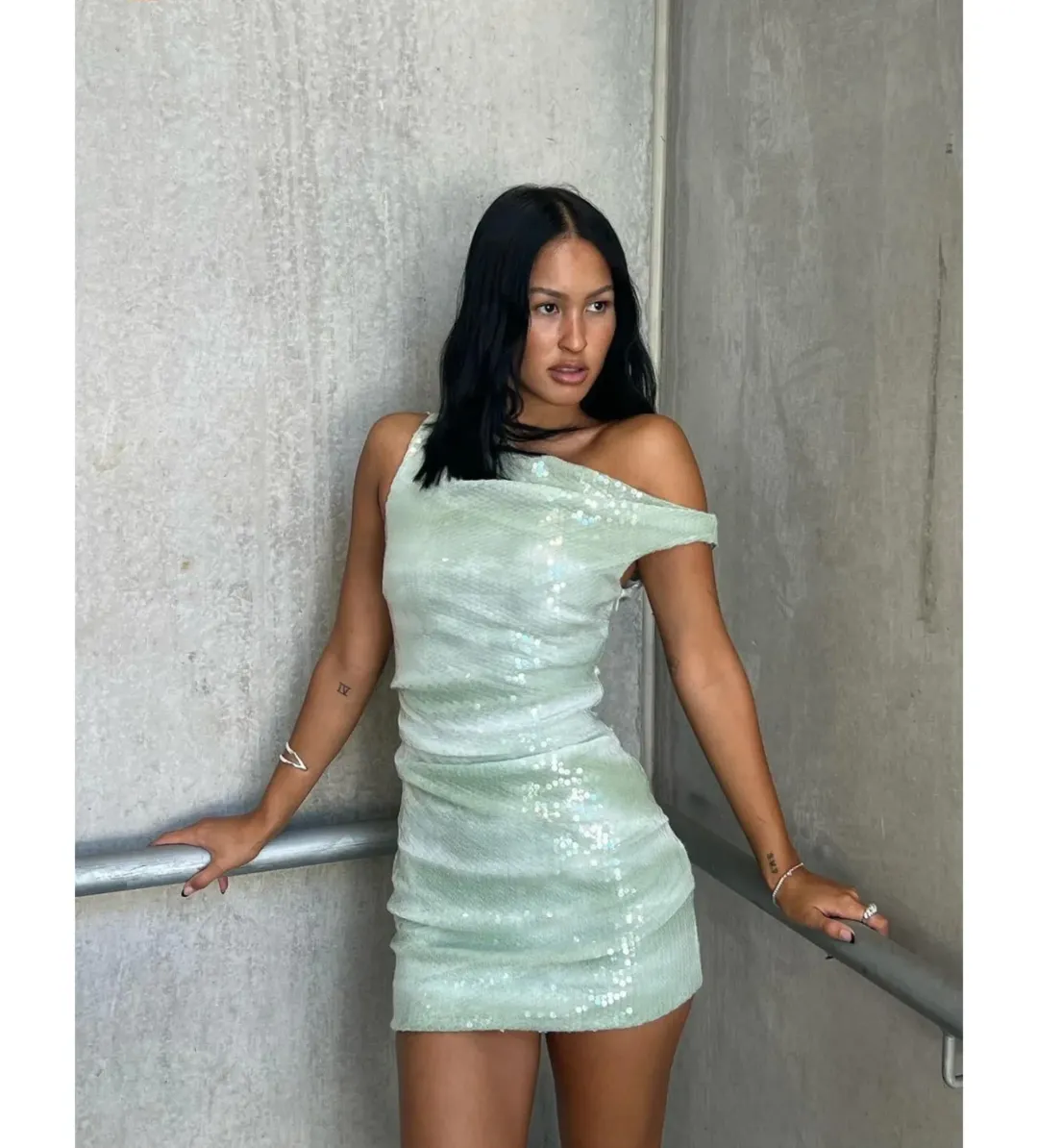 Bec & Bridge Brydie Asym Mini Dress in Mint Sequin Size AU10 for rent on The Volte - main image