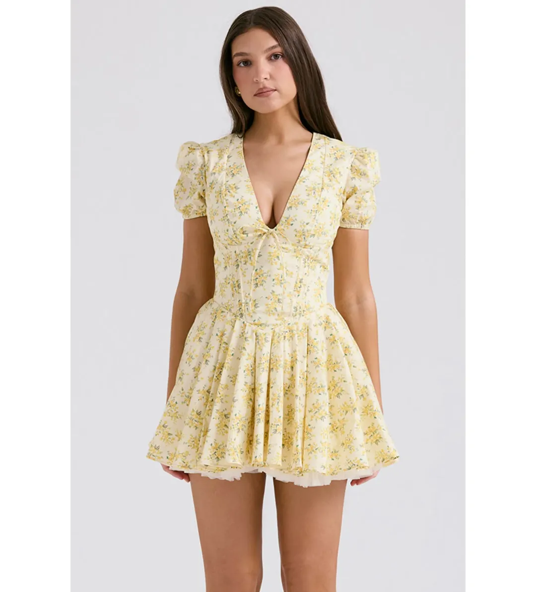 House Of CB Imani Buttercup Pleated Cotton Mini Dress Vintage Floral Print Size 8 for rent on The Volte - main image