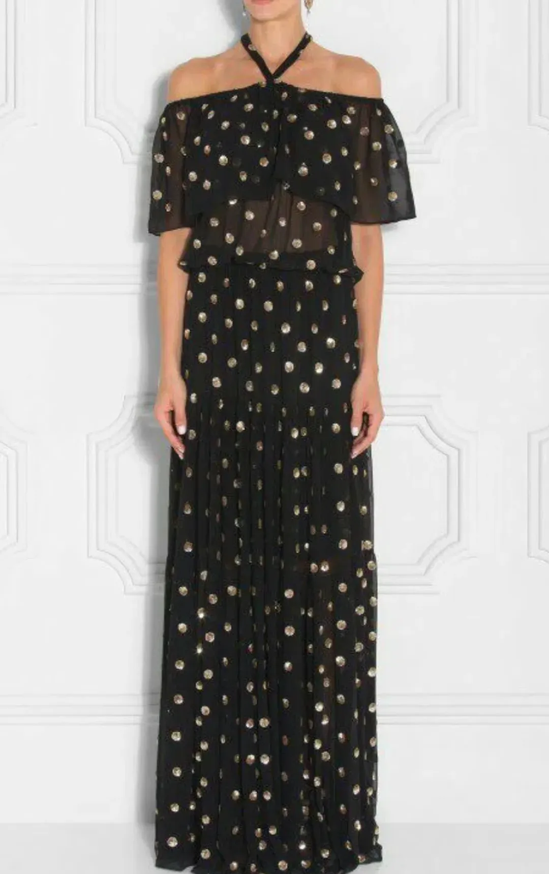 TEMPERLEY LONDON Jolie Sequin Embellished Georgette Maxi Dress Black, Size 8 for rent on The Volte - main image