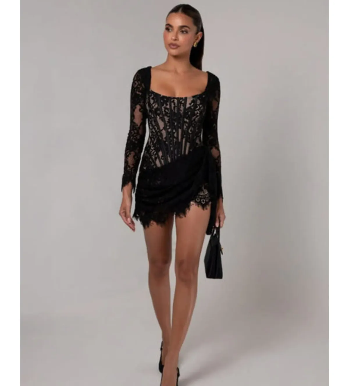 Heiress Beverly Hills Long Sleeve Lace Corset Draped Mini Dress Black Size XL/AU 14 - Image 1