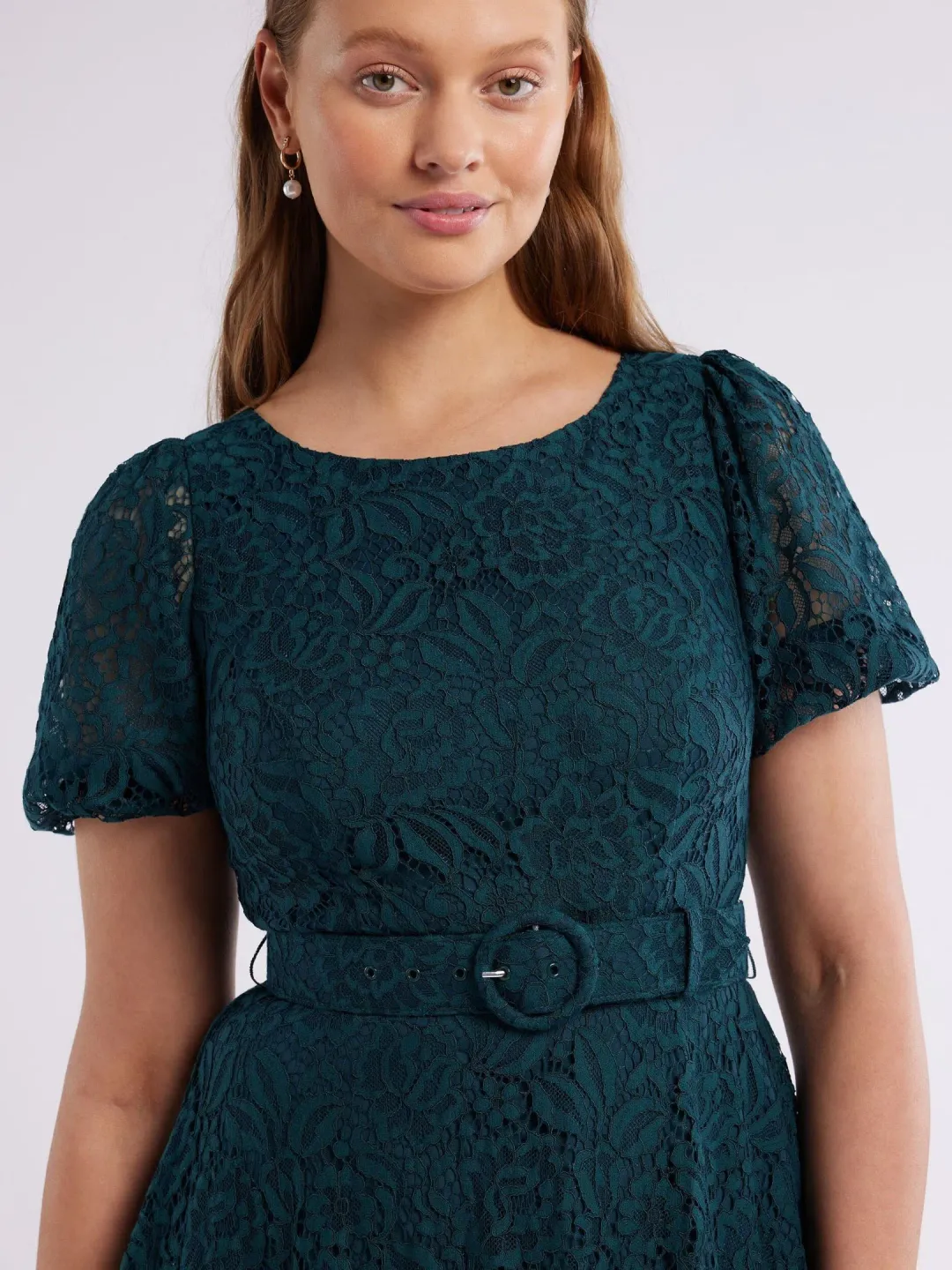 Review Emerald Short Puff Sleeves Avette Lace Knee Length Dress Green Size 12 for rent on The Volte - main image