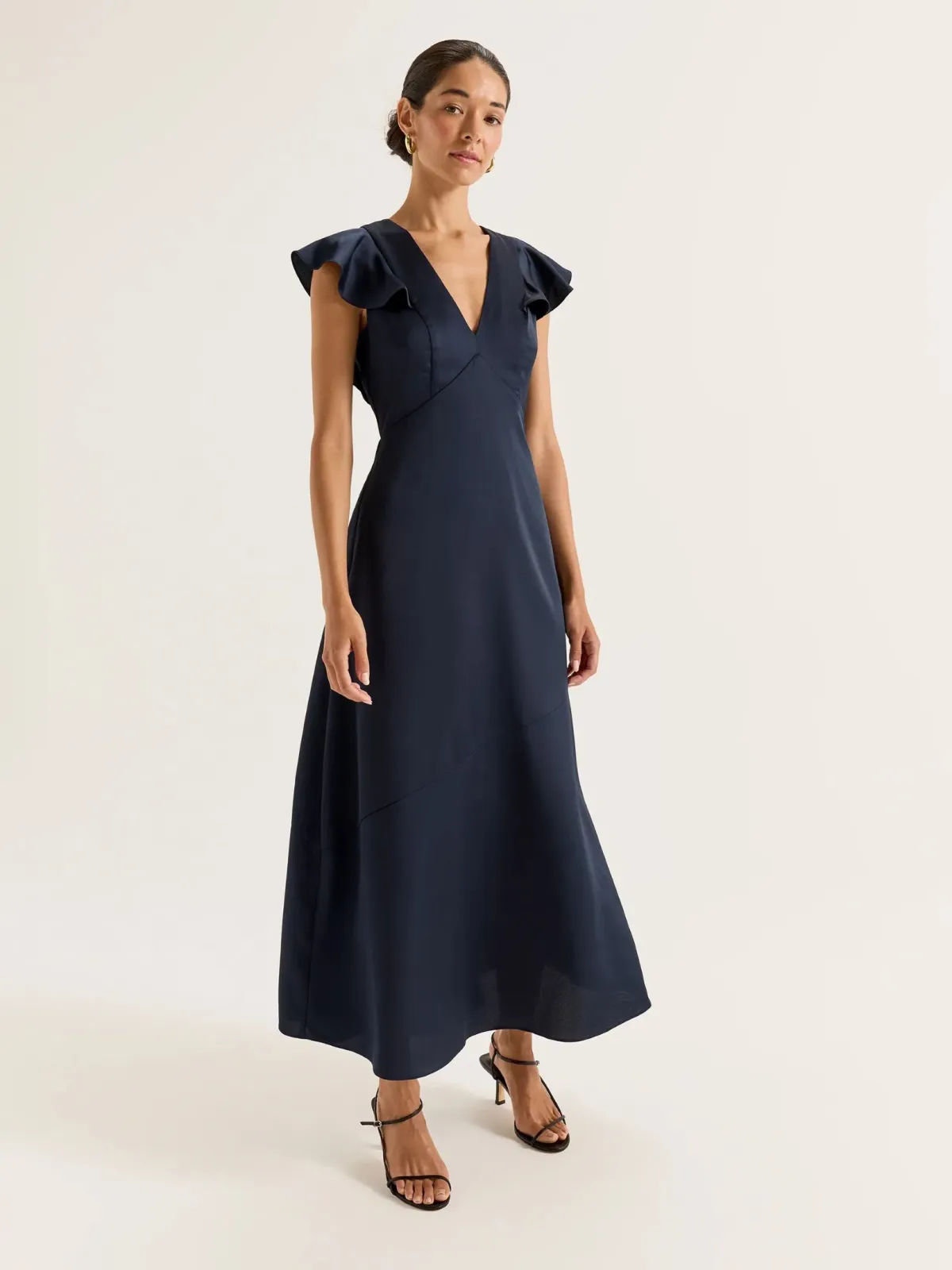 Review Montreal Flounce Sleeve Satin Maxi Dress Navy Size 12 - Image 1