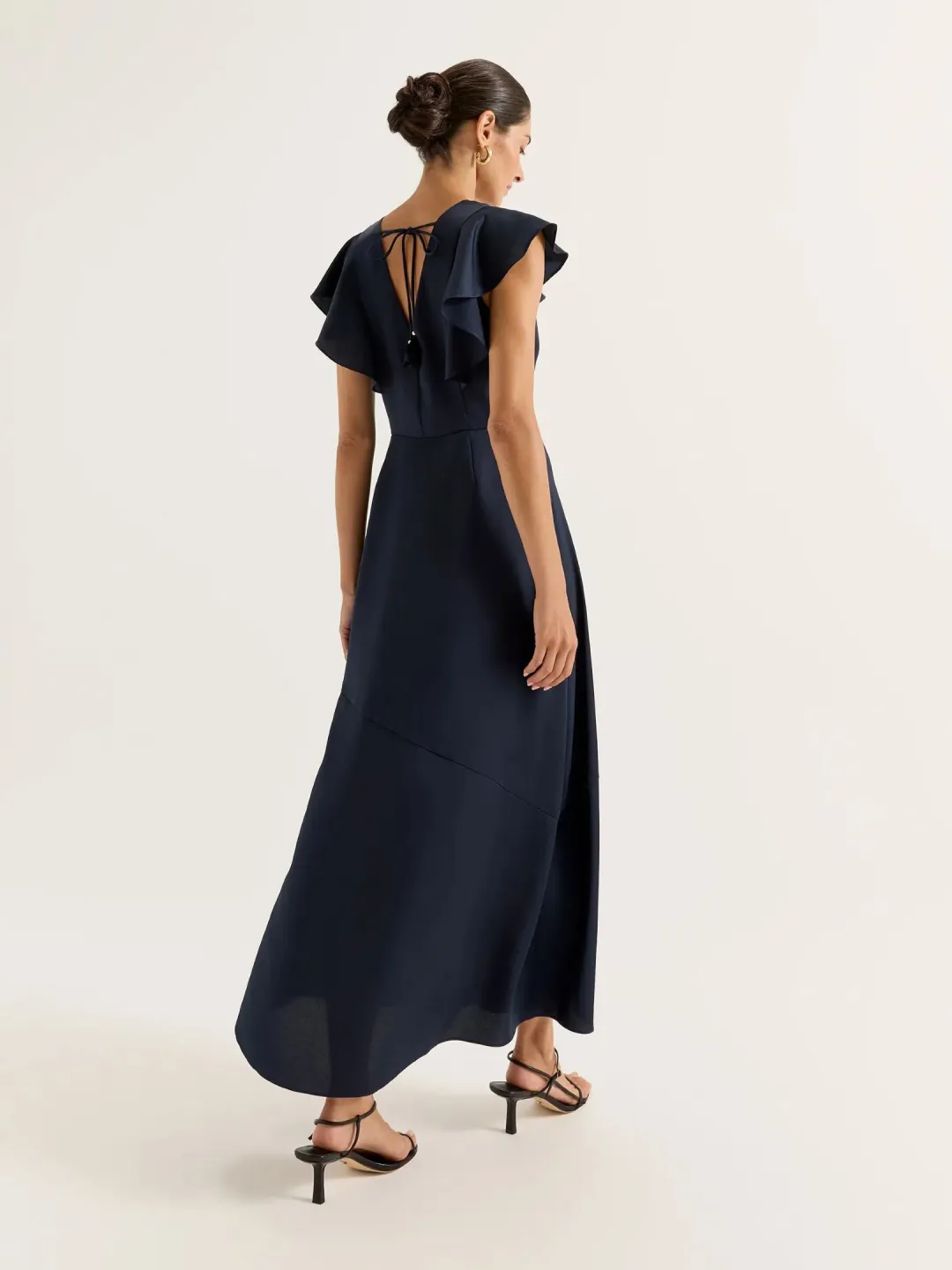 Review Montreal Flounce Sleeve Satin Maxi Dress Navy Size 12 for rent on The Volte - main image