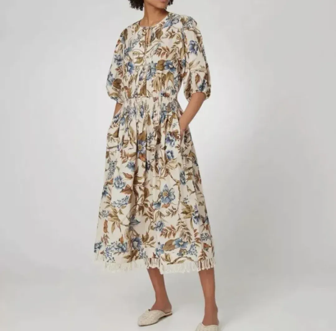 Zimmermann Aliane Shirred Waist Linen Midi Dress Blue Floral Size 2 / AU 12 for rent on The Volte - main image