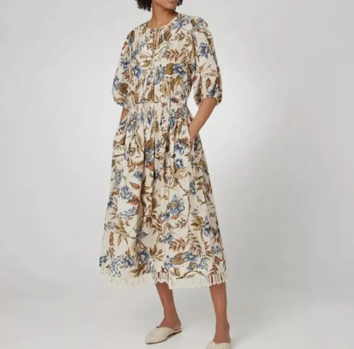 Zimmermann Aliane Shirred Waist Linen Midi Dress Blue Floral Size 2 / AU 12 - Image 1