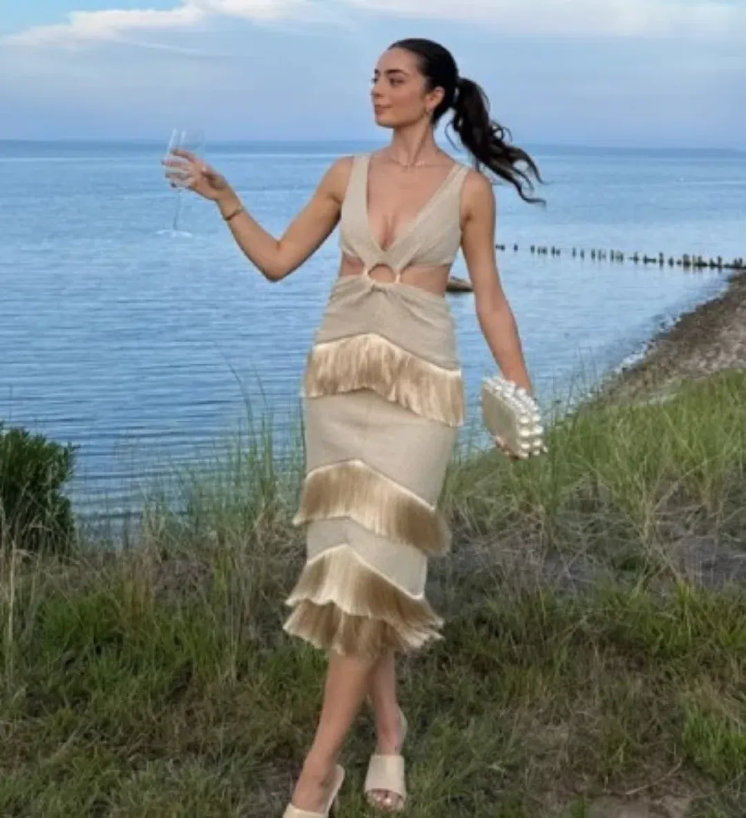 PatBo Fringed Midi Dress Gold Shimmer Tassel Size AU 10  for rent on The Volte - main image