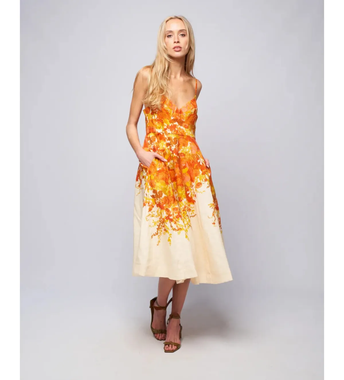 Zimmermann High Tide Picnic Linen Midi Dress Citrus Ikat Size 3 AU 14 - Image 1