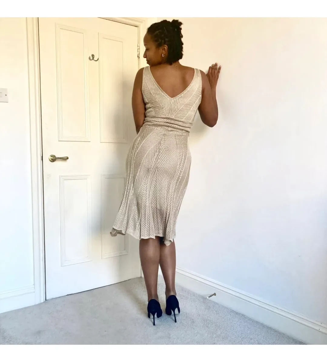 White by Sabatini Knit Knee-Length Dress Gold Size S AU 8 for rent on The Volte - main image