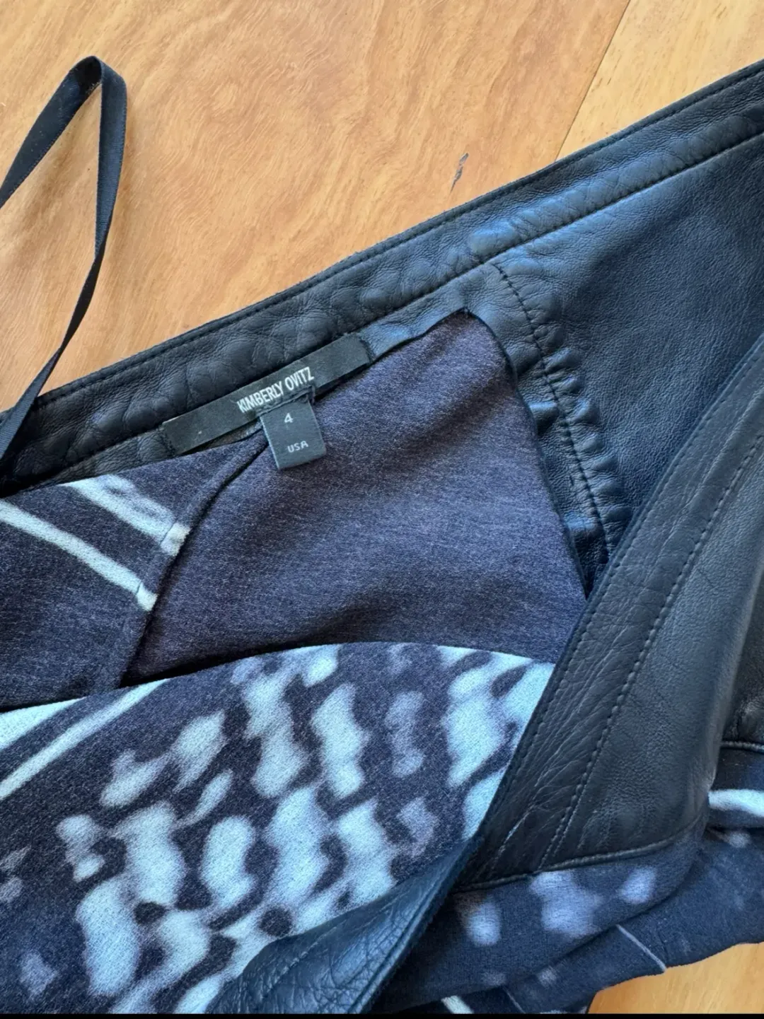 Kimberly Ovitz Leather Trim Knee-Length Dress Black Print Size US 4 AU 8 for rent on The Volte - main image