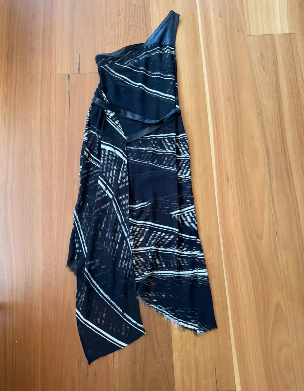 Kimberly Ovitz Leather Trim Knee-Length Dress Black Print Size US 4 AU 8 - Image 1