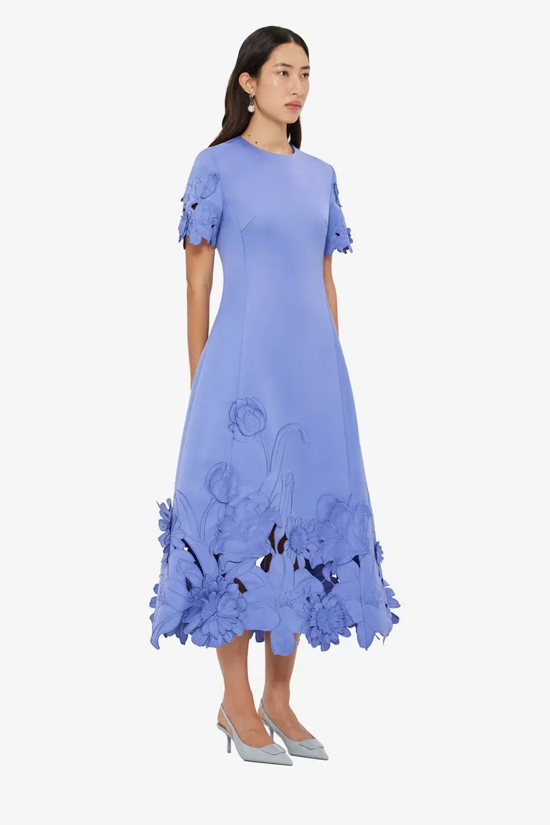Leo Lin Caroline Applique Short Sleeve Midi Dress Moonlight  Size 8 for rent on The Volte - main image