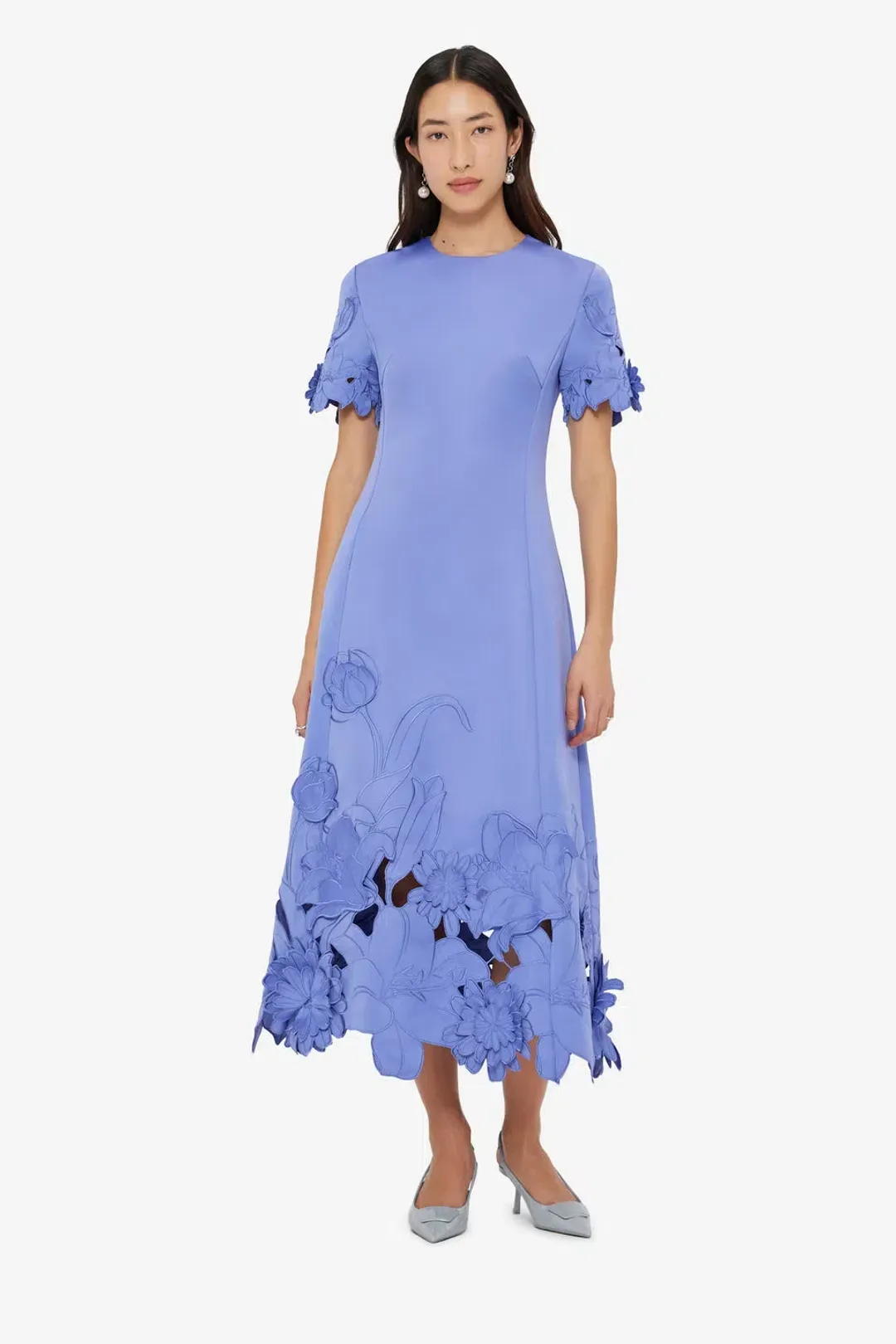 Leo Lin Caroline Applique Short Sleeve Midi Dress Moonlight  Size 8 for rent on The Volte - main image
