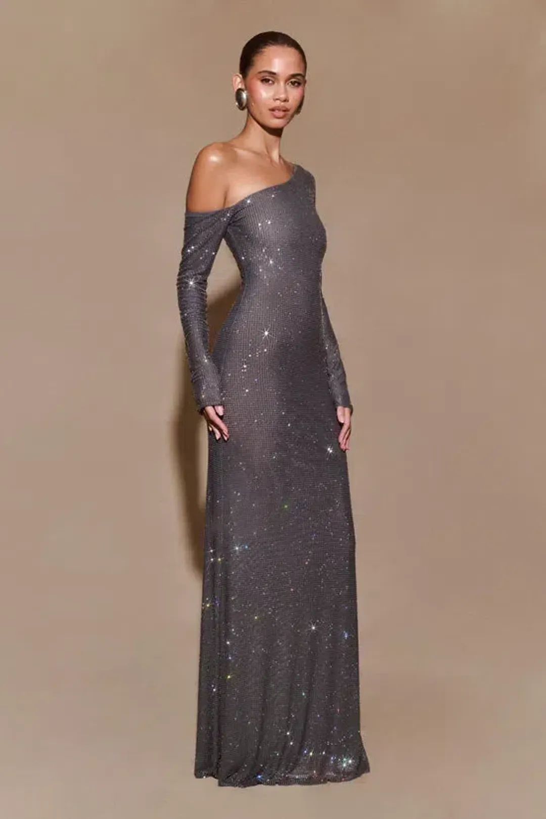 Meshki Marcia Diamante Long Sleeve Maxi Dress - Gunmetal for rent on The Volte - main image