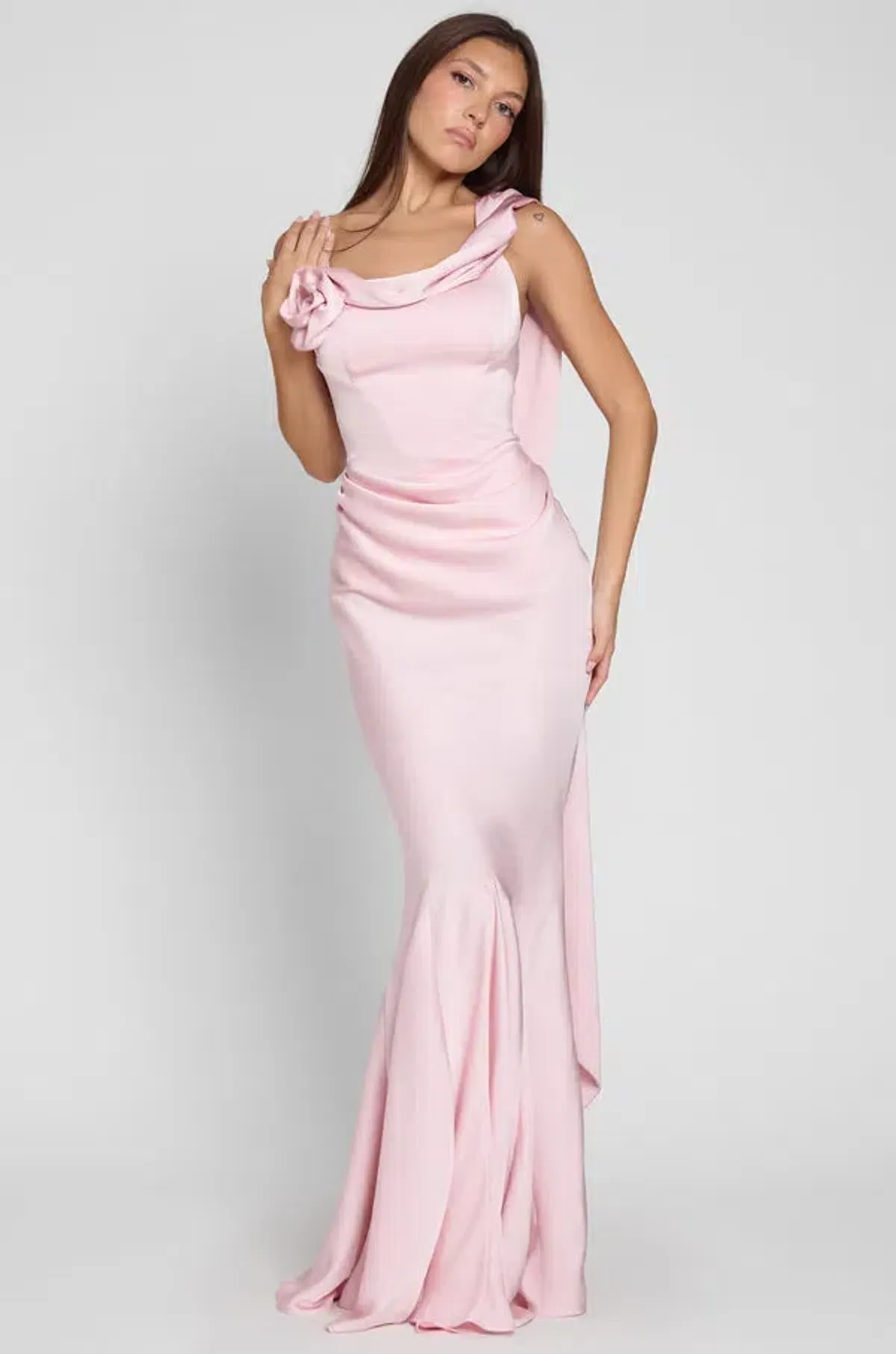 LEAU Celine Corset Drape Satin Maxi Gown Pink Size 10 - Image 2