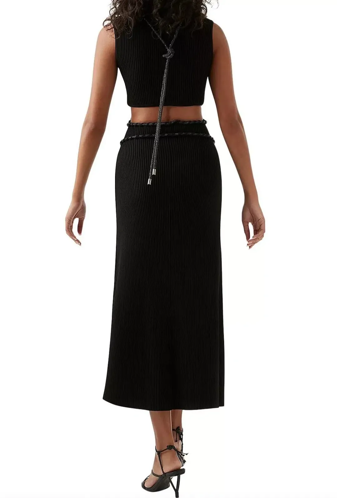 AJE ARP Cut Out Knit Midi Designer Dress Black with Crystal Rope Detail Size M for rent on The Volte - main image